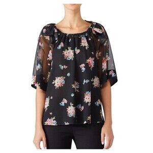 Ella Moss Women’s Black Floral Sheer Blouse Romantic Whimsigoth Vacation Sz XS